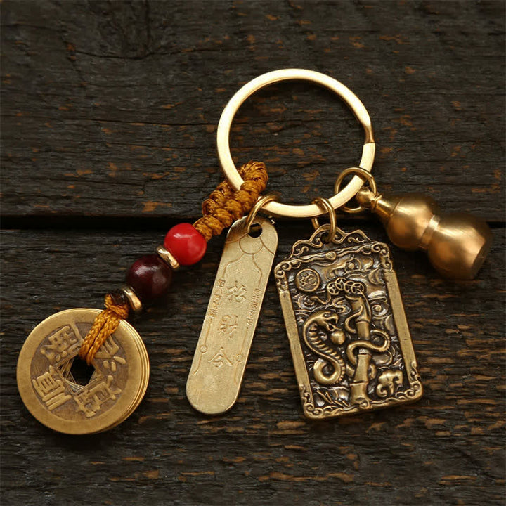 Buddha Stones Copper Chinese Zodiac Five Emperor Coins Gourd Protection Keychains - Snake - image 11