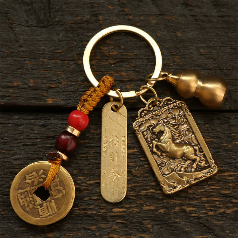 Buddha Stones Copper Chinese Zodiac Five Emperor Coins Gourd Protection Keychains - Horse - image 13