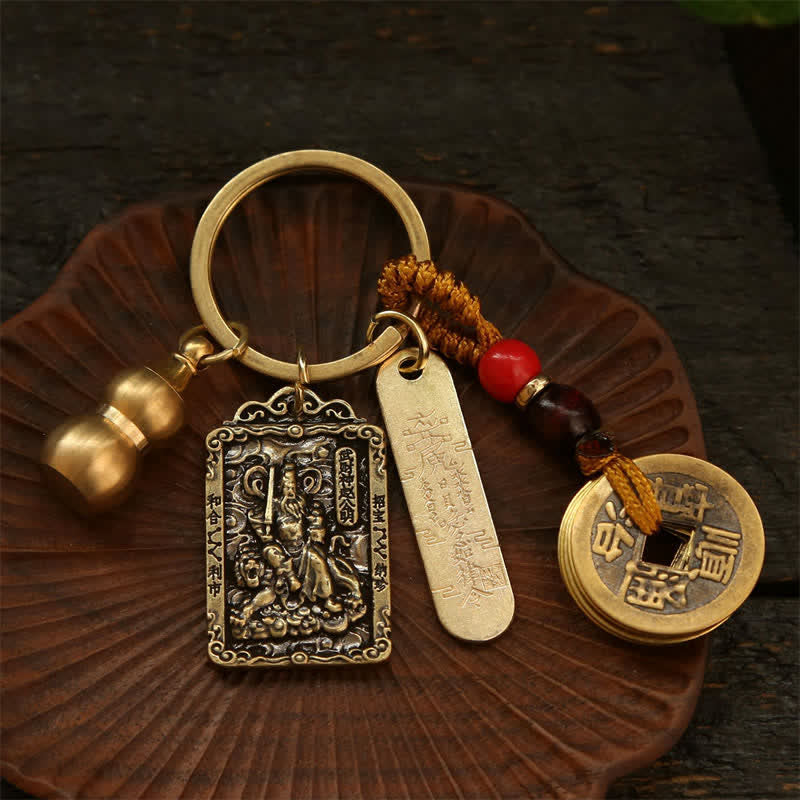 Buddha Stones Copper Chinese Zodiac Five Emperor Coins Gourd Protection Keychains - image 26