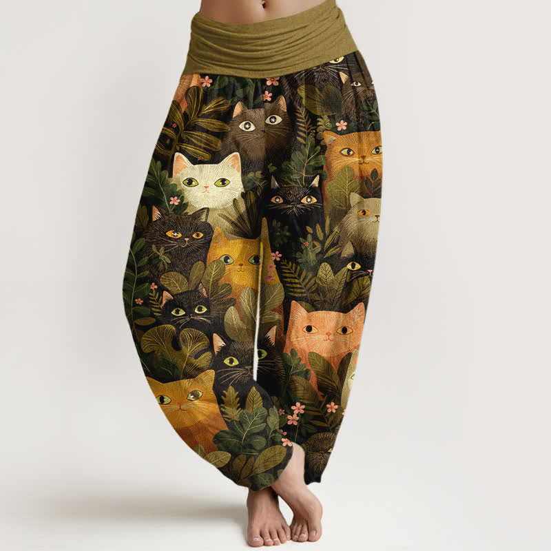 Buddha Stones Cotton Cartoon Cat Leaf Pattern Women's Elastic Waist Harem Pants - Olive - US16，UK/AU20，EU48 (3XL) - image 5
