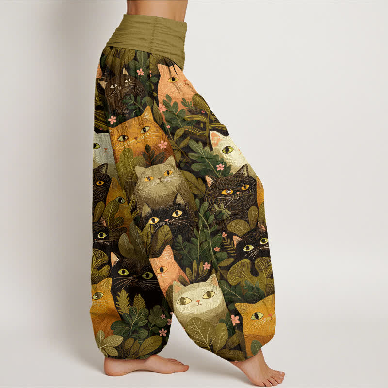 Buddha Stones Cotton Cartoon Cat Leaf Pattern Women's Elastic Waist Harem Pants - image 6