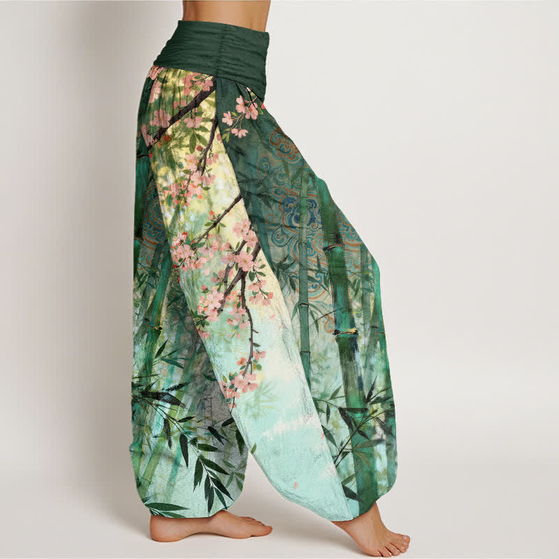 Buddha Stones Cotton Bamboo Cherry Blossom Pattern Women's Elastic Waist Harem Pants - image 1