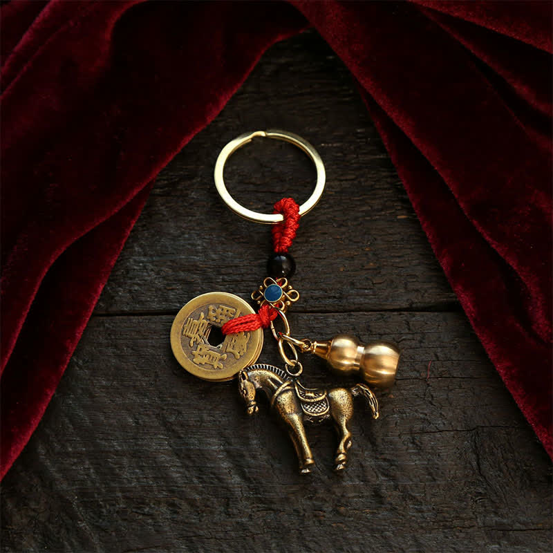 Buddha Stones Copper Chinese Zodiac Five Emperor Coins Gourd Wealth Keychains - Horse - image 14