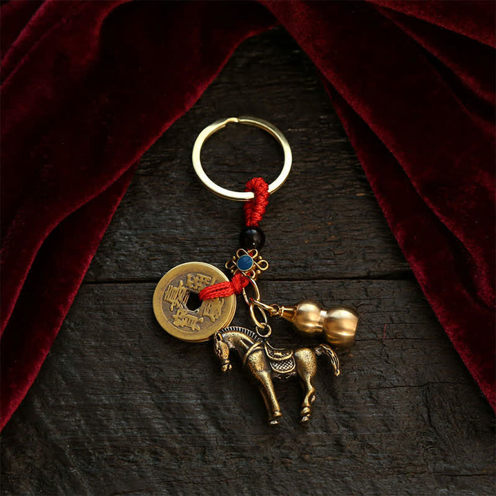 Buddha Stones Copper Chinese Zodiac Five Emperor Coins Gourd Wealth Keychains - Horse - image 14