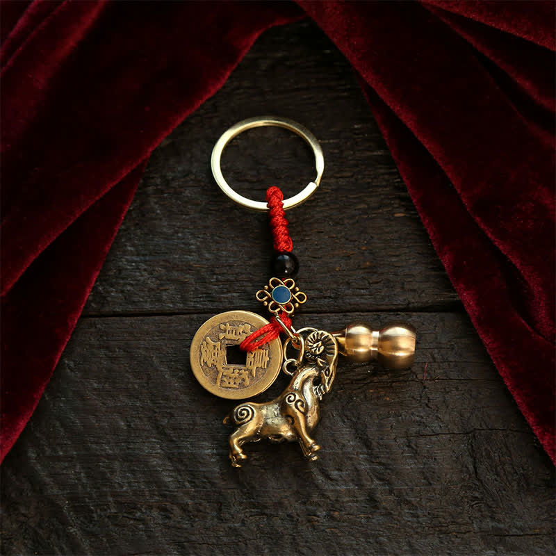 Buddha Stones Copper Chinese Zodiac Five Emperor Coins Gourd Wealth Keychains - Goat - image 0