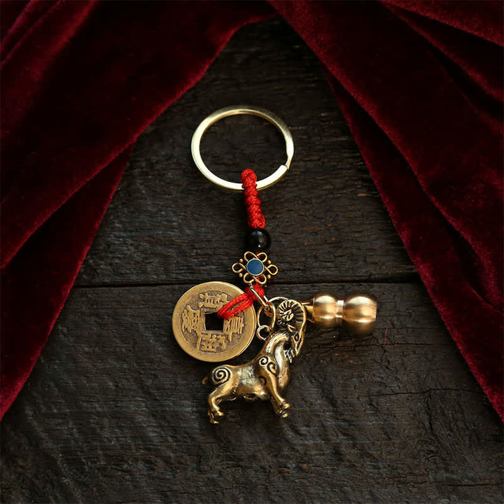 Buddha Stones Copper Chinese Zodiac Five Emperor Coins Gourd Wealth Keychains - Goat - image 0