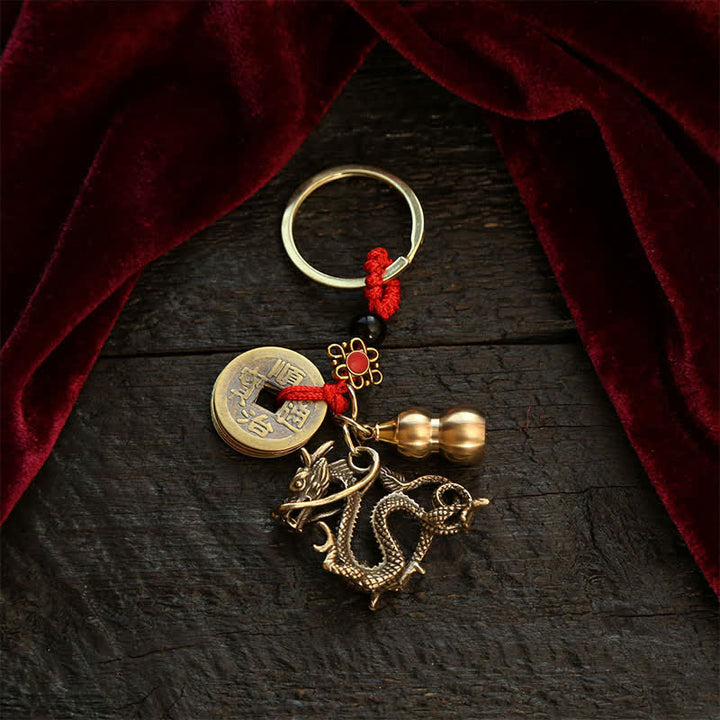 Buddha Stones Copper Chinese Zodiac Five Emperor Coins Gourd Wealth Keychains - Dragon - image 12