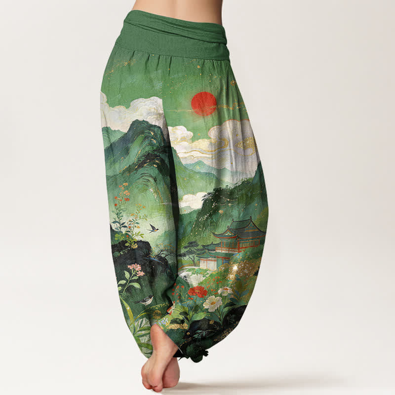 Buddha Stones Cotton Mountain Pavilion Sun Pattern Women's Elastic Waist Harem Pants - image 2