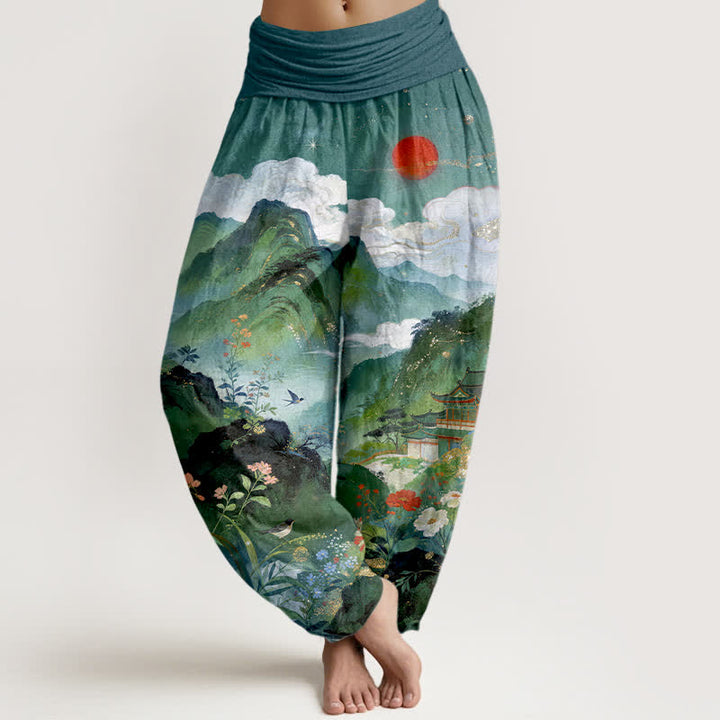 Buddha Stones Cotton Mountain Pavilion Sun Pattern Women's Elastic Waist Harem Pants - Teal - US16，UK/AU20，EU48 (3XL) - image 8