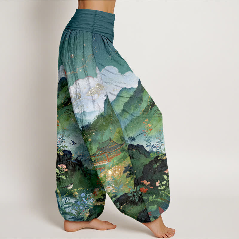 Buddha Stones Cotton Mountain Pavilion Sun Pattern Women's Elastic Waist Harem Pants - image 9