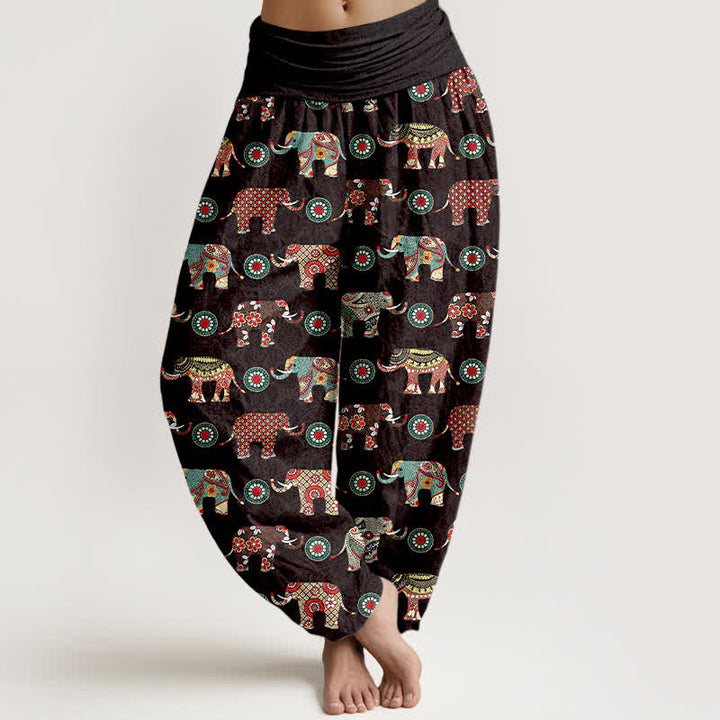 Buddha Stones Cotton Elephant Mandala Pattern Women's Elastic Waist Harem Pants - Black - US16，UK/AU20，EU48 (3XL) - image 0