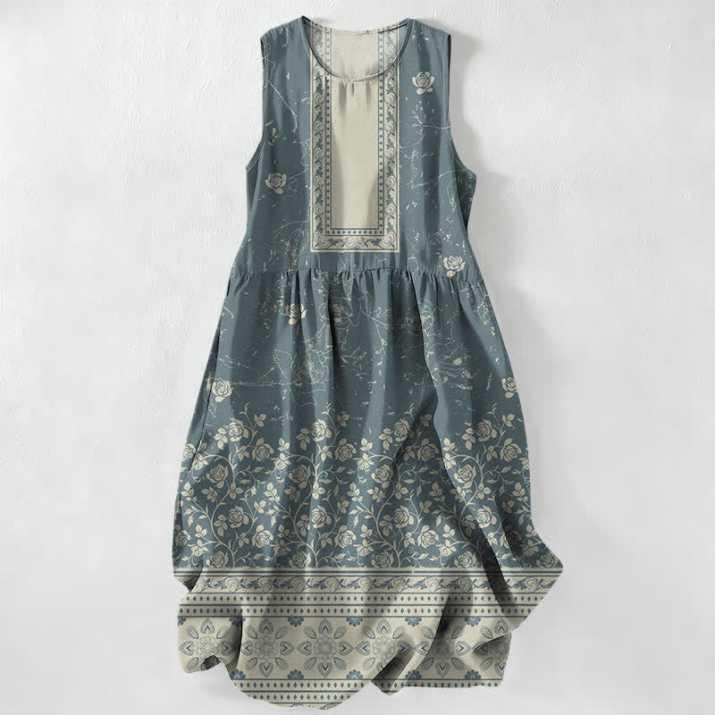 Buddha Stones Summer Casual Vintage Floral Border Pattern Women's Summer Sleeveless Midi Dress With Pockets - CadetBlue - US16，UK/AU20，EU48 (3XL) - image 4