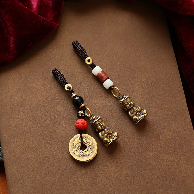 Buddha Stones Brass Buddha Five Emperor Coins Braided Cord Compassion Keychains - image 16