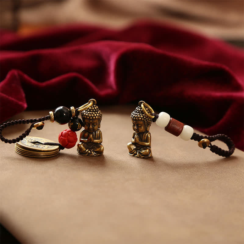 Buddha Stones Brass Buddha Five Emperor Coins Braided Cord Compassion Keychains - image 20