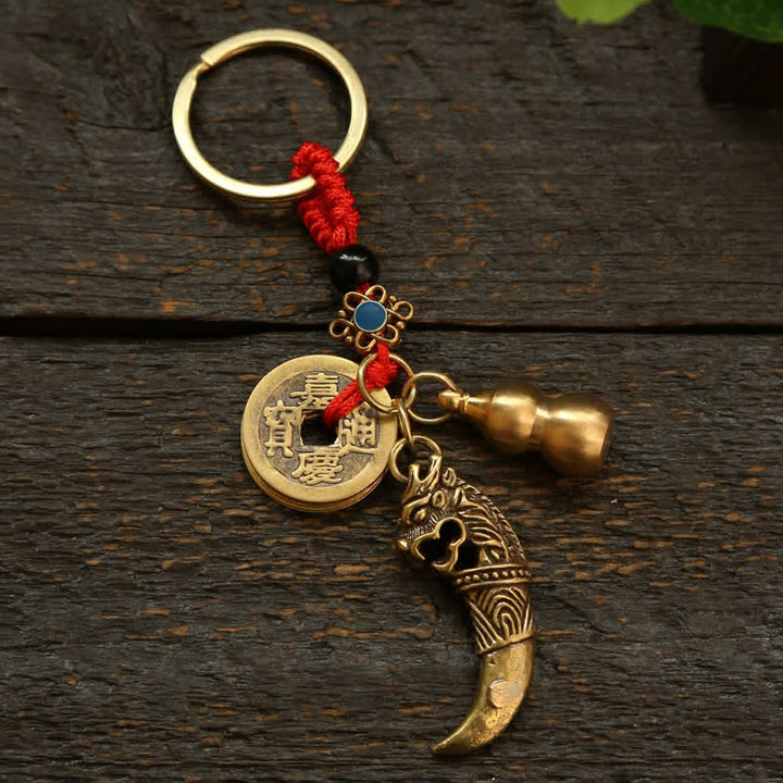 Buddha Stones Copper Pi Xiu Braided Five Emperor Coins Gourd Wealth Keychains - Red Cord Coins Gourd - image 0