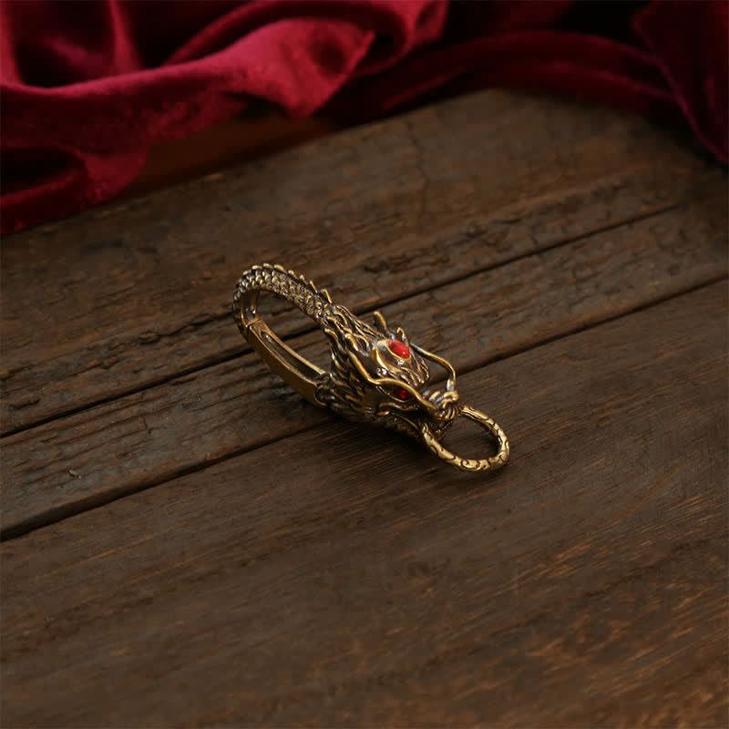 Buddha Stones Brass Dragon Strength Lock Keychains - Brass Red Gem - image 0