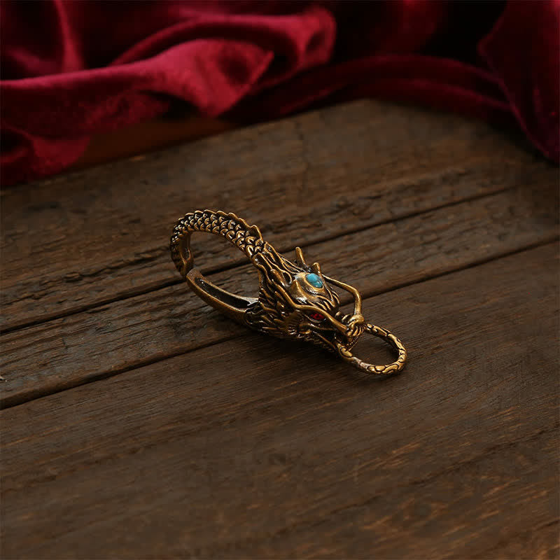 Buddha Stones Brass Dragon Strength Lock Keychains - Brass Blue Gem - image 1
