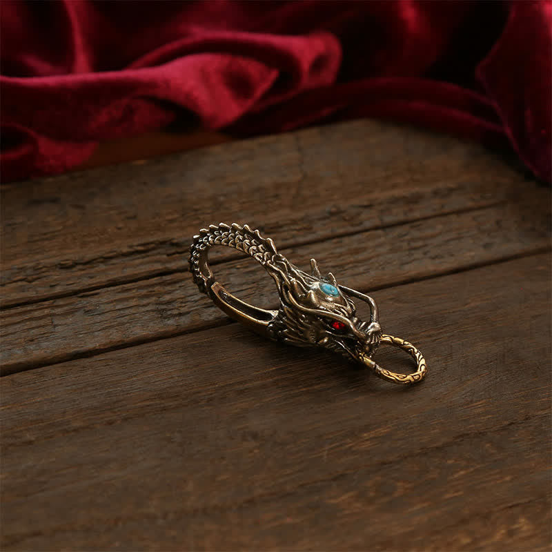 Buddha Stones Brass Dragon Strength Lock Keychains - Silvery Brass Blue Gem - image 2