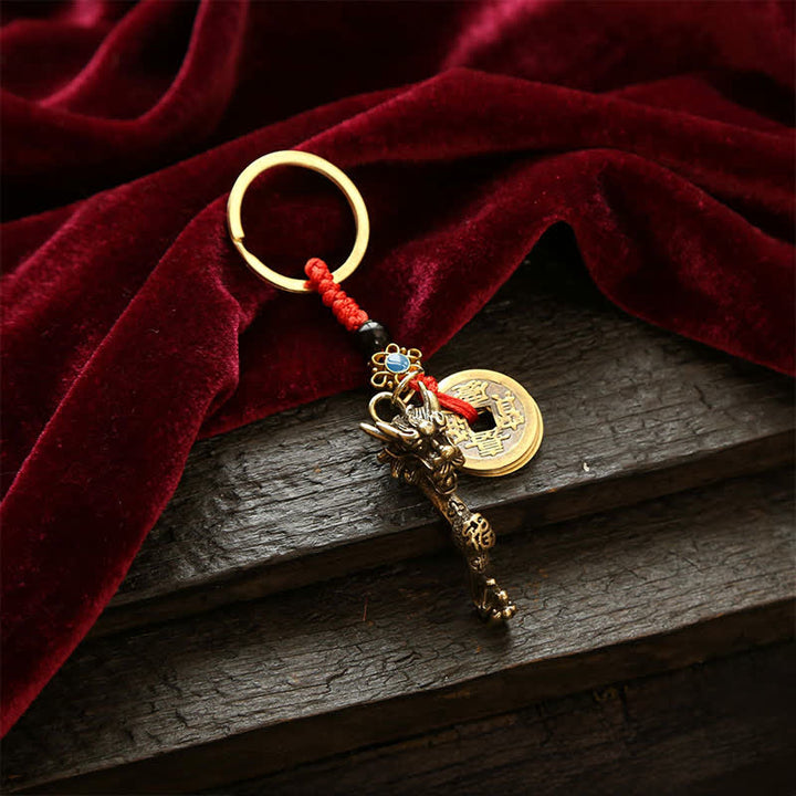 Buddha Stones Brass Dragon Ruyi Five Emperor Coins Success Keychains - Red String - image 1