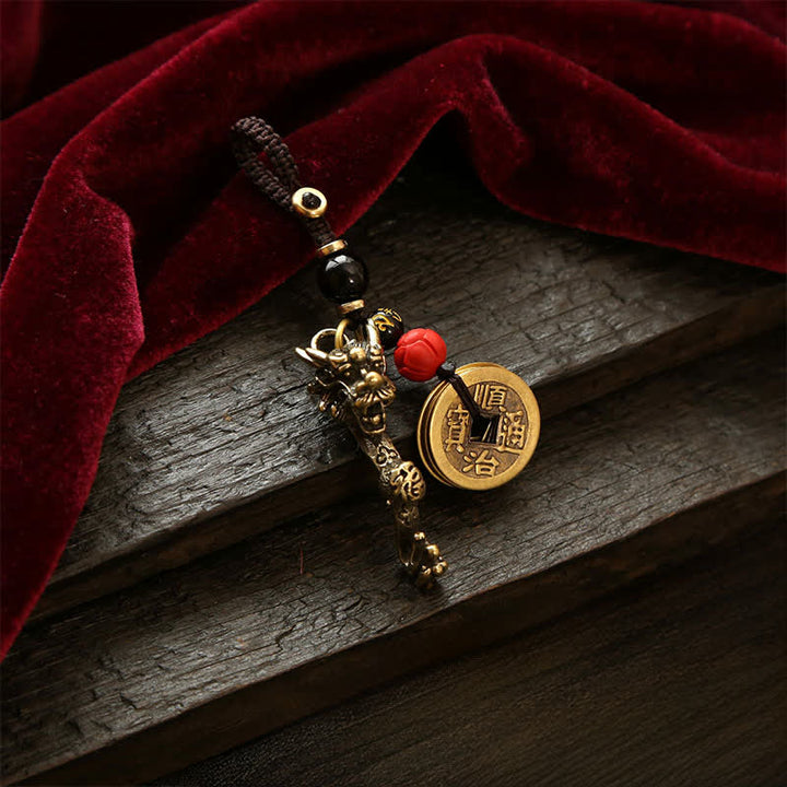 Buddha Stones Brass Dragon Ruyi Five Emperor Coins Success Keychains - BlackRed Beads - image 9