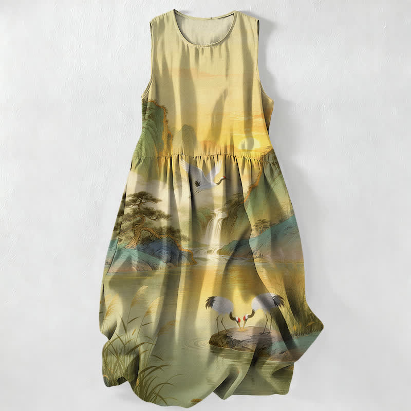 Buddha Stones Summer Casual Crane Waterfall Landscape Pattern Women's Summer Sleeveless Midi Dress With Pockets - Khaki - US16，UK/AU20，EU48 (3XL) - image 5