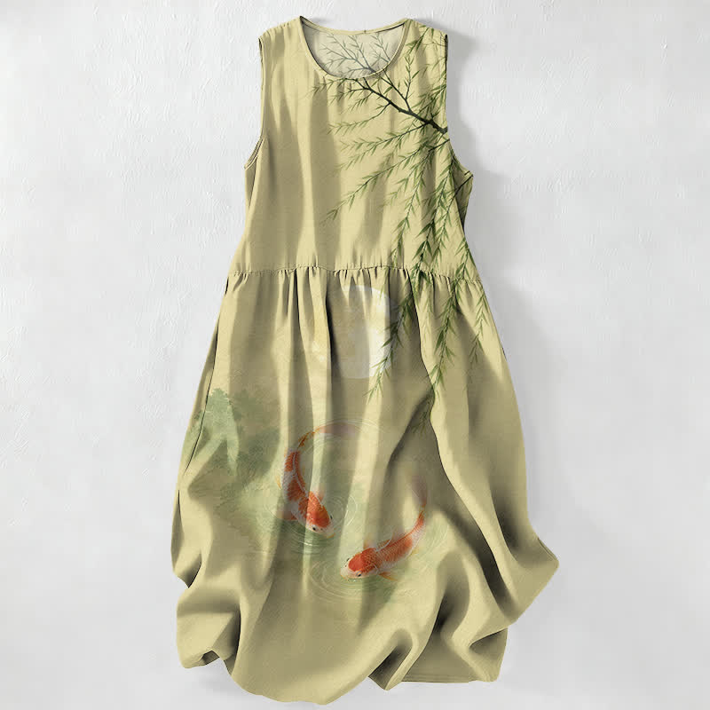 Buddha Stones Summer Casual Ink Koi Willow Pattern Women's Summer Sleeveless Midi Dress With Pockets - YellowGreen - US16，UK/AU20，EU48 (3XL) - image 4
