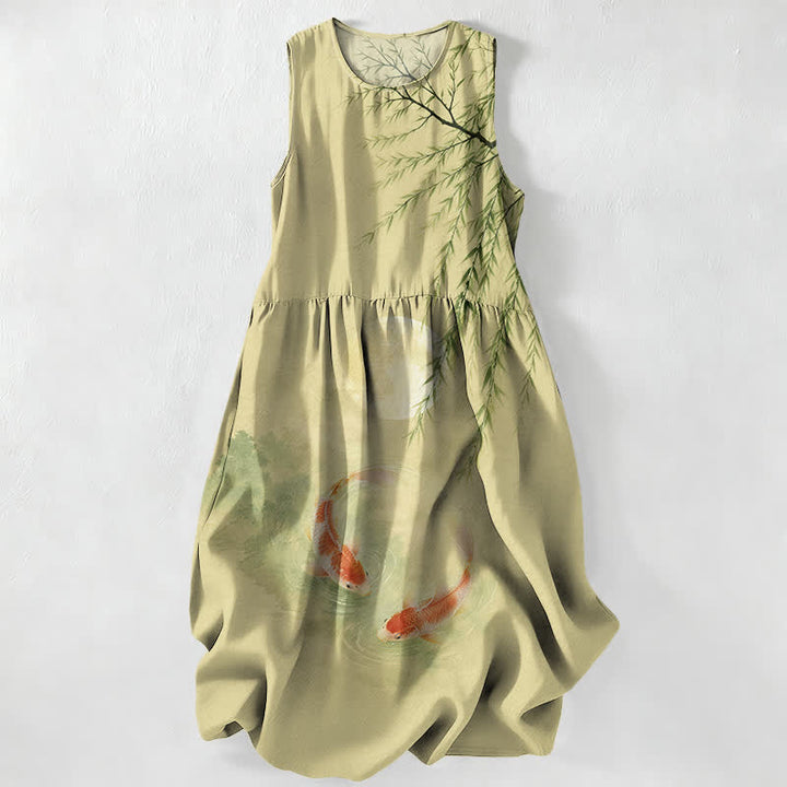 Buddha Stones Summer Casual Ink Koi Willow Pattern Women's Summer Sleeveless Midi Dress With Pockets - YellowGreen - US16，UK/AU20，EU48 (3XL) - image 4