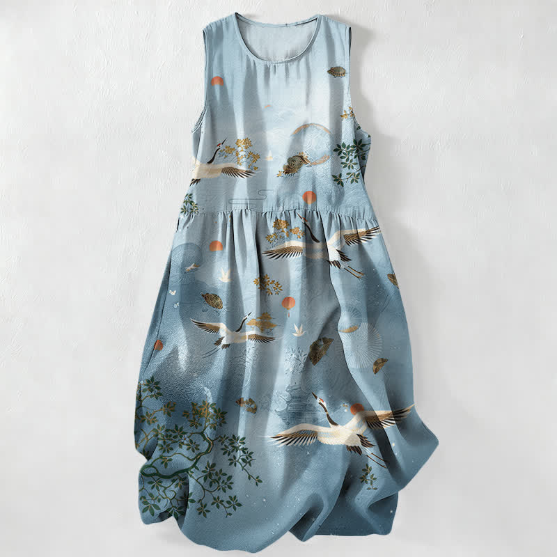 Buddha Stones Summer Casual Crane Botanical Sun Pattern Women's Summer Sleeveless Midi Dress With Pockets - PowderBlue - US16，UK/AU20，EU48 (3XL) - image 4