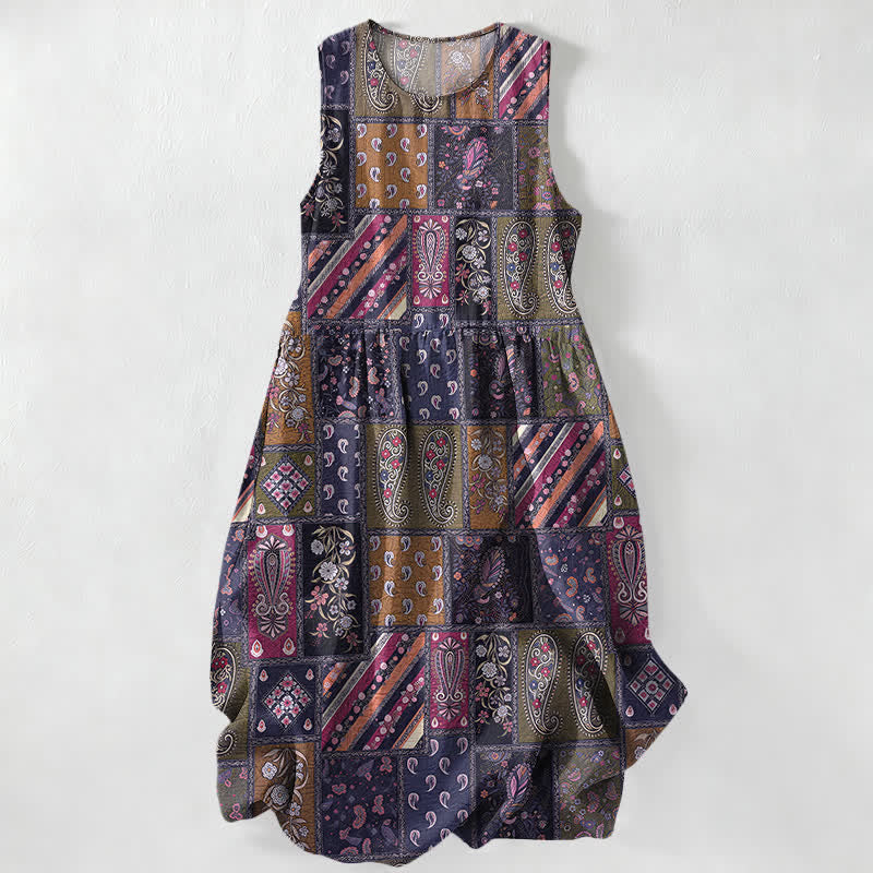 Buddha Stones Summer Casual Olive Patchwork Paisley Floral Pattern Women's Summer Sleeveless Midi Dress With Pockets - Indigo - US16，UK/AU20，EU48 (3XL) - image 5