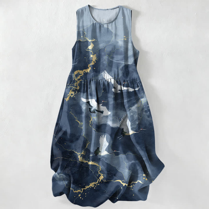 Buddha Stones Summer Casual White Crane Gold Marble Pattern Women's Summer Sleeveless Midi Dress With Pockets - Teal - US16，UK/AU20，EU48 (3XL) - image 5