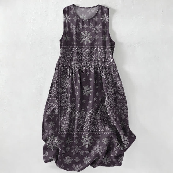 Buddha Stones Summer Casual Bandana Paisley Floral Pattern Women's Summer Sleeveless Midi Dress With Pockets - Indigo - US16，UK/AU20，EU48 (3XL) - image 5