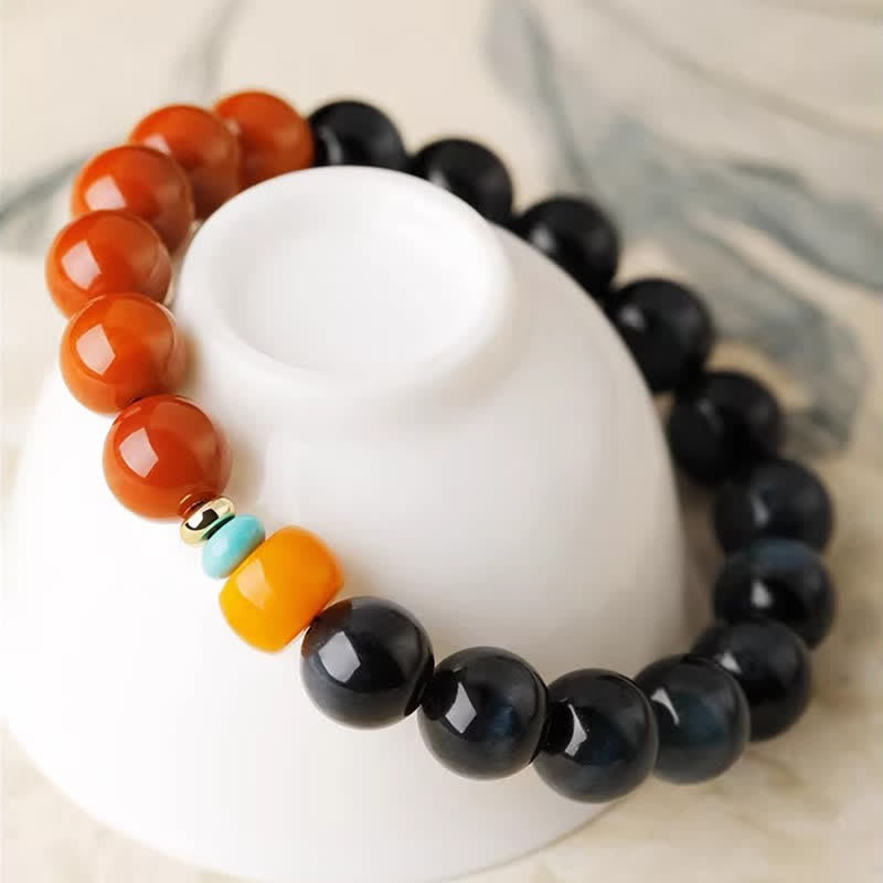 Buddha Stones Blue Tiger Eye South Red Agate Power Round Bead Bracelet - image 2