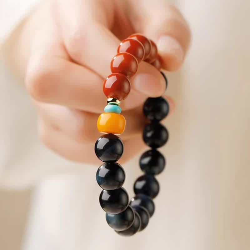 Buddha Stones Blue Tiger Eye South Red Agate Power Round Bead Bracelet - image 9