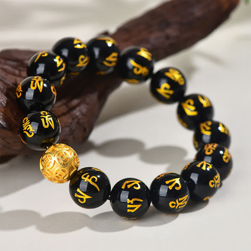 Buddha Stones Black Obsidian Om Mani Padme Hum Strength Bracelet - image 12