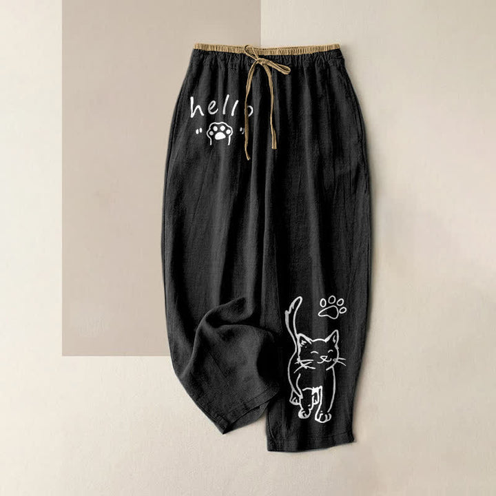 Buddha Stones Pure Cotton Hello Cat Paw Pattern Women's Elastic Waist Pants With Pockets - Black - US16，UK/AU20，EU48 (3XL) - image 0