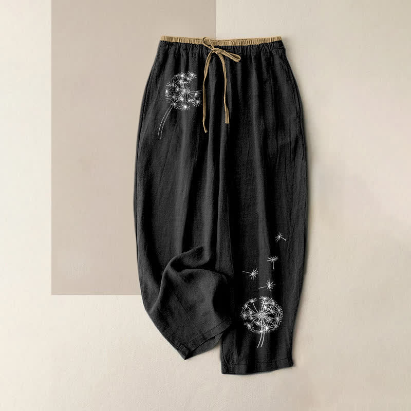 Buddha Stones Pure Cotton White Dandelion Pattern Women's Elastic Waist Pants With Pockets - Black - US16，UK/AU20，EU48 (3XL) - image 0