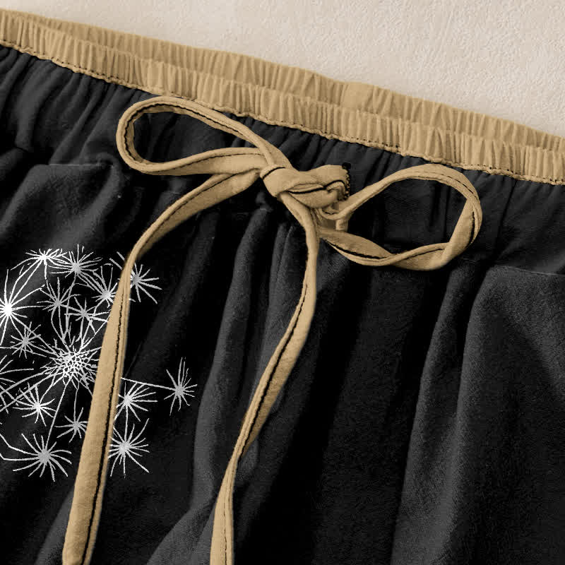 Buddha Stones Pure Cotton White Dandelion Pattern Women's Elastic Waist Pants With Pockets - image 1