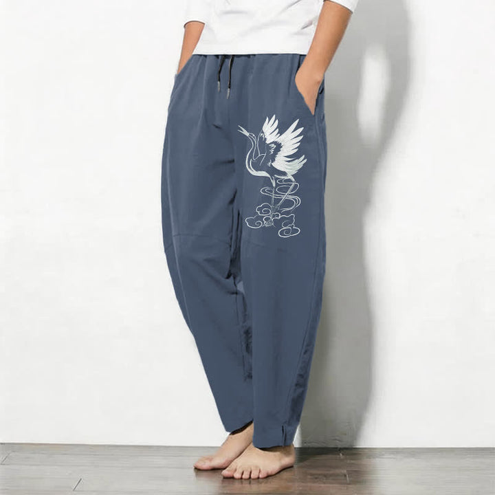 Buddha Stones Pure Cotton White Crane Pattern Drawstring Men's Tapered Pants With Pockets - image 1