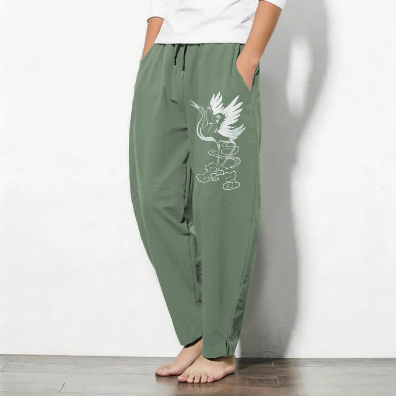 Buddha Stones Pure Cotton White Crane Pattern Drawstring Men's Tapered Pants With Pockets - image 8