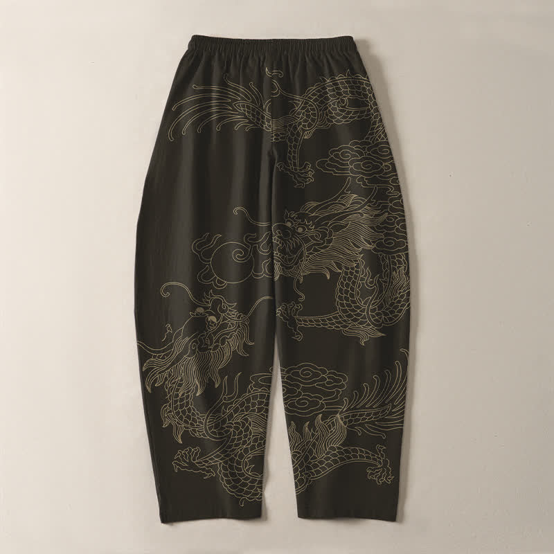 Buddha Stones Pure Cotton Golden Dragon Cloud Pattern Drawstring Men's Tapered Pants With Pockets - Black - US/UK/AU50，EU60 (5XL) - image 3