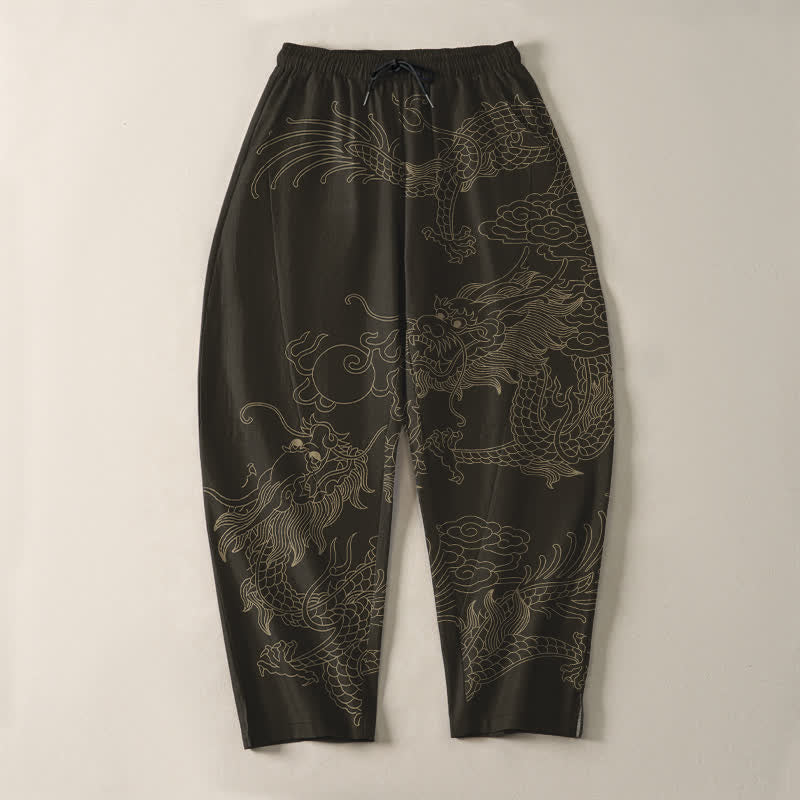 Buddha Stones Pure Cotton Golden Dragon Cloud Pattern Drawstring Men's Tapered Pants With Pockets - image 2