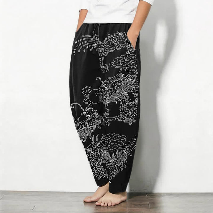 Buddha Stones Pure Cotton Golden Dragon Cloud Pattern Drawstring Men's Tapered Pants With Pockets - image 8