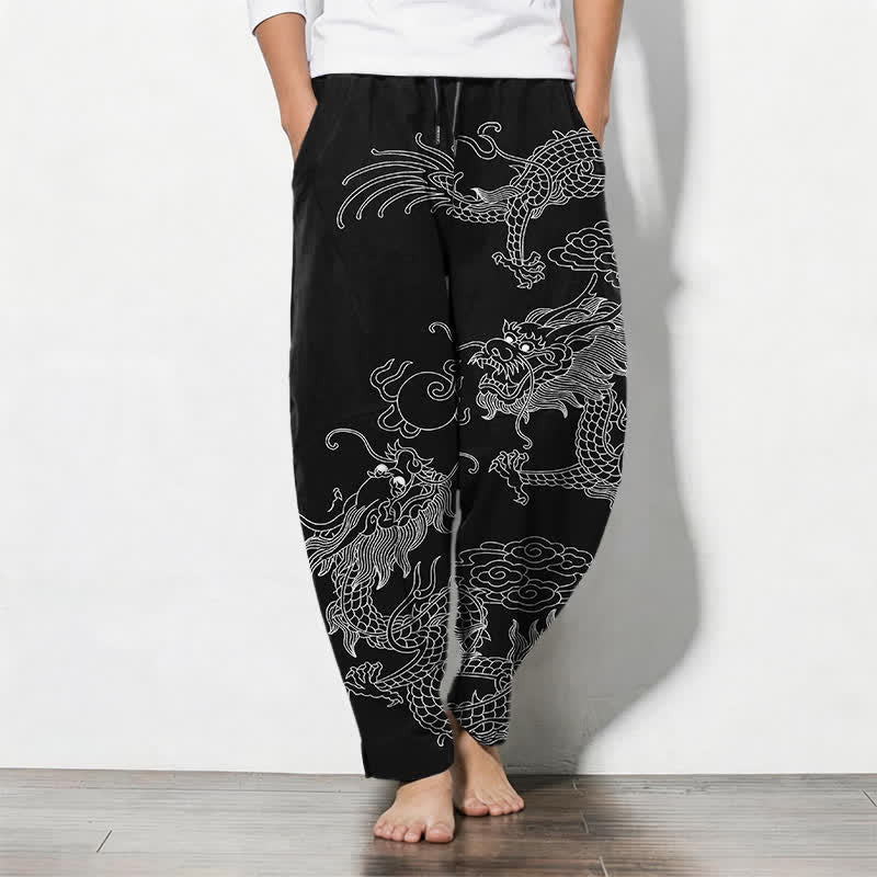 Buddha Stones Pure Cotton Golden Dragon Cloud Pattern Drawstring Men's Tapered Pants With Pockets - image 7