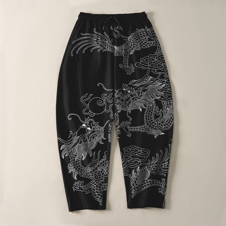 Buddha Stones Pure Cotton Golden Dragon Cloud Pattern Drawstring Men's Tapered Pants With Pockets - image 9