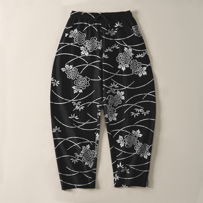 Buddha Stones Pure Cotton White Floral Vine Pattern Drawstring Men's Tapered Pants With Pockets - image 9