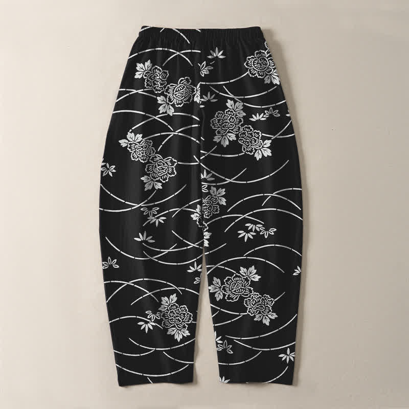 Buddha Stones Pure Cotton White Floral Vine Pattern Drawstring Men's Tapered Pants With Pockets - image 10