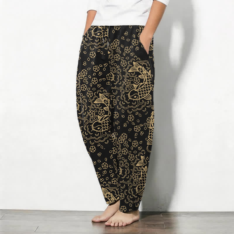 Buddha Stones Pure Cotton Golden Koi Fish Floral Pattern Drawstring Men's Tapered Pants With Pockets - image 1