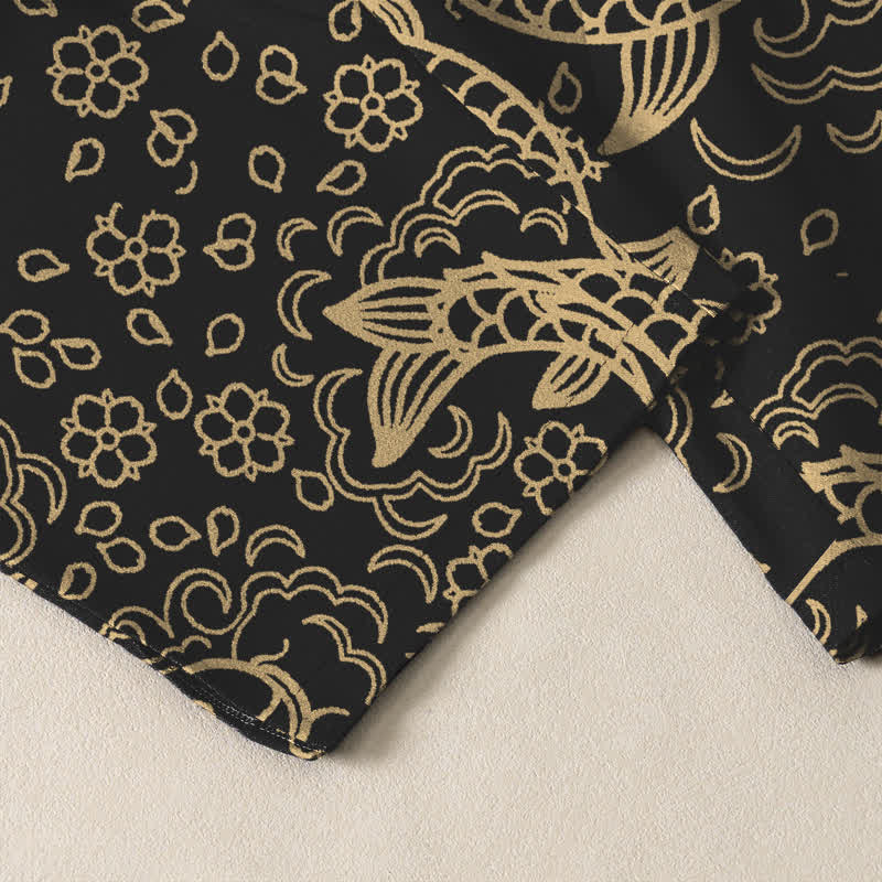 Buddha Stones Pure Cotton Golden Koi Fish Floral Pattern Drawstring Men's Tapered Pants With Pockets - image 5