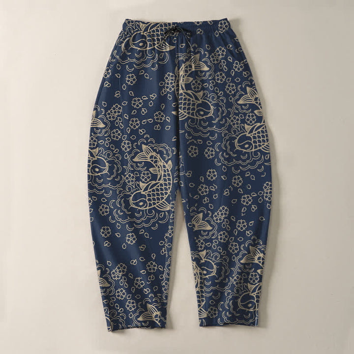 Buddha Stones Pure Cotton Golden Koi Fish Floral Pattern Drawstring Men's Tapered Pants With Pockets - image 9