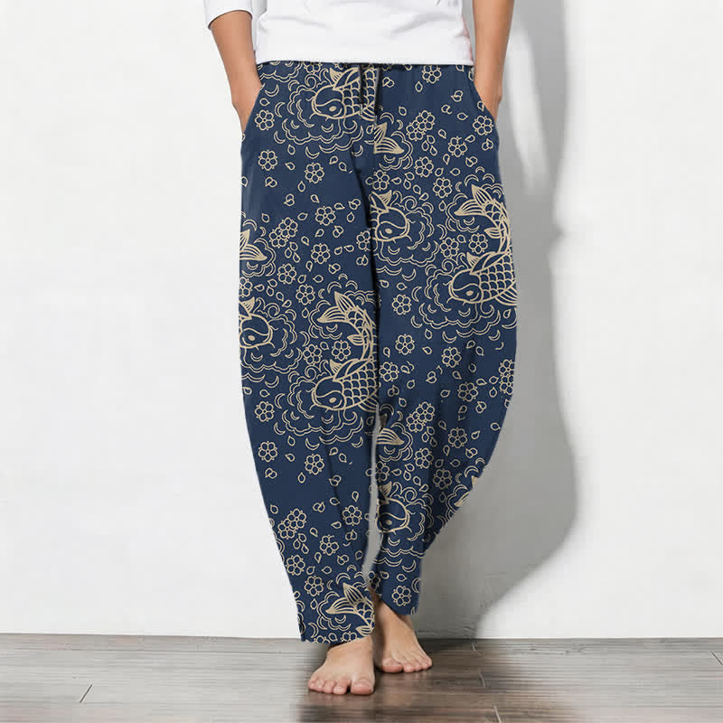 Buddha Stones Pure Cotton Golden Koi Fish Floral Pattern Drawstring Men's Tapered Pants With Pockets - Navy - US/UK/AU50，EU60 (5XL) - image 7